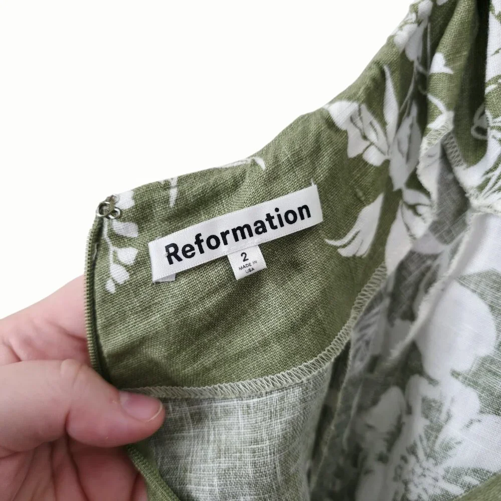 Reformation Samara Midi Dress Willow Green Floral Linen Cut Out Open Back Size 2 - Picture 4 of 11